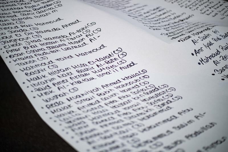 Rolle mit unvollständiger Liste der Toten in Gaza. Am 16. Dezember 2023 versammelten sich zahlreiche Teilnehmer*innen auf dem Königsplatz in München, Deutschland um gemeinsam für einen sofortigen Waffenstillstand im sog. Nah-Ost-Konflikt zu demonstrieren und um ihre Solidarität mit Palästina zu zeigen. Sie trauerten um die Toten in Palästina und forderten Frieden für Gaza und einen Stopp des Krieges. -- Roll with an uncomplete list of victims of the war in Gaza. On December 16, 2023, several participants gathered on Koenigsplatz in Munich, Germany, to demonstrate together for an immediate ceasefire in the Middle East and to show their solidarity with Palestinians. They mourned the victims in Palestine, called for peace for Gaza and demanded a stop to the war.