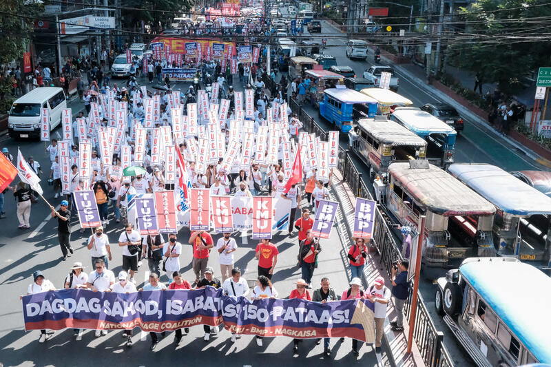 On May 1, 2024, amidst the Labor Day celebrations, workers and progressive organizations confront the anti-riot police force as they march towards the United States Embassy along Roxas Boulevard, Manila City, Philippines. Their demands to the government include better wages, the removal of American troops from the Philippines, and a call for the American government to address the Israel-Palestine conflict.