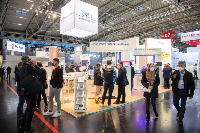 LPKF Laser & Electronics bei der Productronica Semicon Europe Messe 2021 am 18.11.2021 in München. DIe Productronica ist eine größten Fachmessen der Elektronikindustrie und Halbleiterindustrie. - LPKF Laser & Electronics  at the Productronica Semocon Europe  trade fair on November 18, 2021 in Munich, Germany. The Productronica is one of the largest trade fairs of electronics and semiconductor industry.